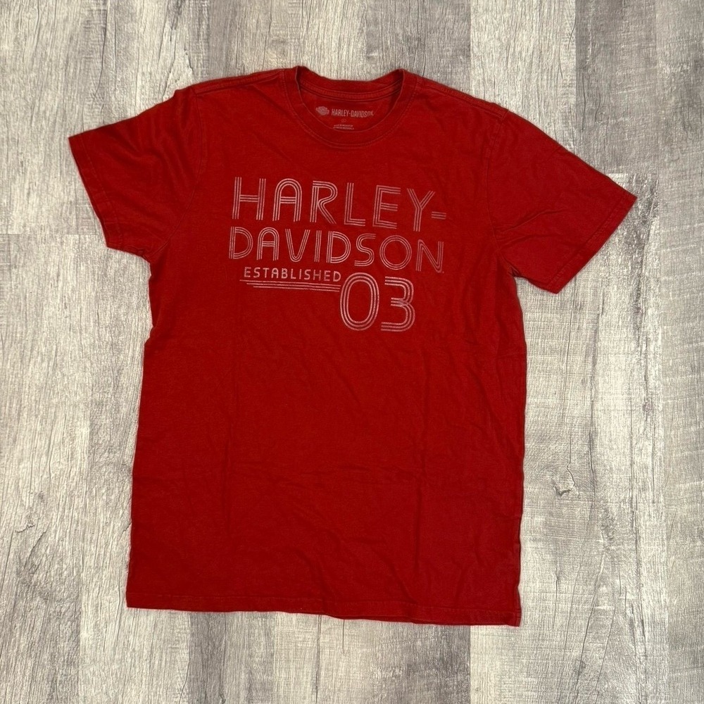 Harley Davidson Mens Red Graphic T Shirt Established 03 Logo Short‎ Sleeve Biker